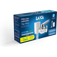 LAICA Genova Wasserfilter Wasserhahn mit HYDROSMART-System + Metal Stop Filter, Kapazität 1200 l, 5 Wasserhahn-Adapter, entfernt Mikro-Kunststoffe, Chlor Schwermetalle aus dem Wasserhahn