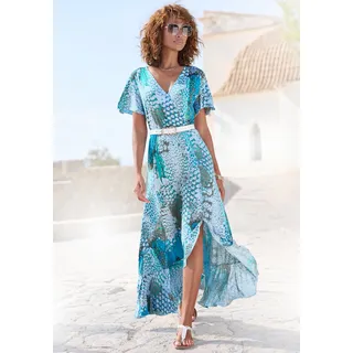 Maxikleid BUFFALO "mit Alloverdruck und Volantrock, Flügelärmel", Damen, Gr. 38, N-Gr, blau (blau bedruckt), Jersey, Obermaterial: 100% Viskose, bedruckt, figurbetont knöchellang, V-Ausschnitt, Kleider Maxikleid, Jerseykleid, Animalkleid, Sommerkleid im Vokuhila-Schnitt, Druckkleid, Topseller