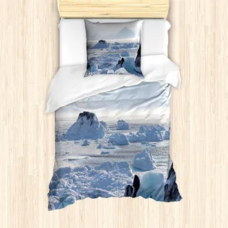 ABAKUHAUS Alaska Mantele, Arctic Winter EIS See, Milbensicher Allergiker geeignet mit Kissenbezügen, 135 cm x 200 cm - 80 x 80 cm, Weiss-braun