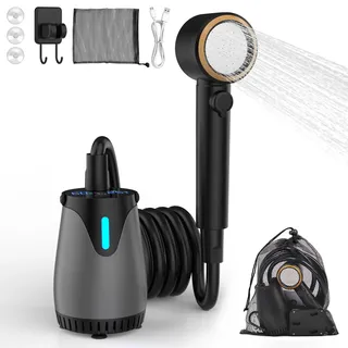 Campingdusche mit Akku 8000mAh Mobile Dusche IPX8 Wasserdicht,5 Wasserstufen,4 Strahlarten LED-Display Camping Dusche mit Pumpe Solar Camping Zubehör Tragbare Dusche für Wohnmobil, Hund, Strand