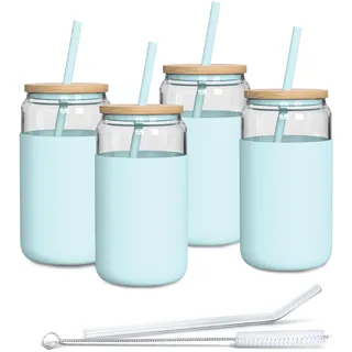 Aquafloow Trinkglas mit Strohhalm und Deckel 500ml | Gläser mit Silikonhülle | Trinkgläser set inclus 2x Strohhalme und 1x Reinigungsstab | für Tee, Smoothie Kaffee-4 Stück- Hellblau