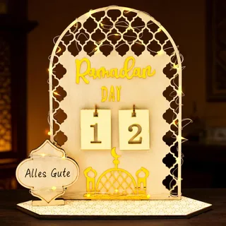 GEVECORI Ramadan Kalender mit LED Lichterkette, DIY Ramadan Deko Aus Holz, Ramadan Adventskalender Eid Mubarak Dekoration, Ramadan Geschenke für Kinder Familien