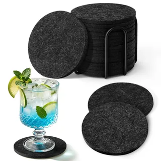 vonsera Untersetzer für Gläser, 16er Set Filzuntersetzer Rund mit Metallständer, Abwaschbare Filz Untersetzer, Geeignet für Haus, Büro, Bar, Restaurant und Party, Grau, 10 cm Durchmesser