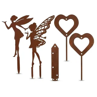 Rundago 4er-Pack Rostige Metall-Gartenstecker, Rusty Garden Ornaments, Wetterfeste Rostdekoration, Flower Fairy Stakes, Suitable for Outdoor Patios, Lawns, Terraces, and Gardens, Fee und Herz