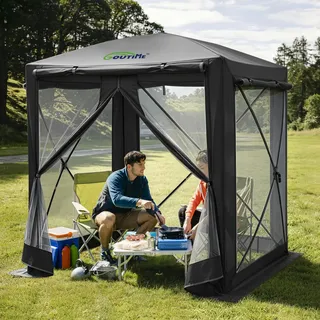 Goutime Falt- & Pop-Up-Pavillon 1,5 x 1,5 m, wasserfest mit Fliegengitter | Schnell aufbaubares Arbeitszelt, kleines Notunterkunftszelt, ideal für Camping und Garten