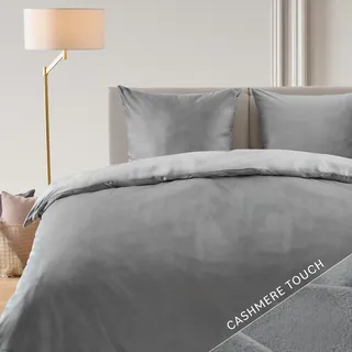 Blumtal Bettwäsche 140x200 cm Cashmere-Touch Plüsch - OEKO-TEX zertifizierter Deckenbezug 140x200 + Kissenbezug 80x80 - Teddy Bettwäsche 140x200 - Kuschelig Flauschig aus Mikrofaser Grau