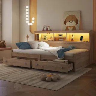 Flieks Schlafsofa Tagesbett Holzbett mit Ladefunktion, Jugendbett Einzelbett mit 2 Schubladen, Sofabett Daybed Funktionsbett Gästebett mit LED, Holz - Naturbelassen