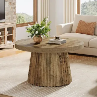 Couchtisch - Rund - Geriffelter Trommelsockel - Ø 80 cm, H 45 cm - Holz - Landhaus & Mid-Century Stil - Braun