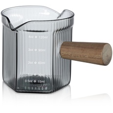 Joeyan 120ml Espresso Messbecher mit Holzgriff, Grau Doppel-Ausgießer Dreifachkrug Messgläser for Kaffee Milch, Borosilikatglas