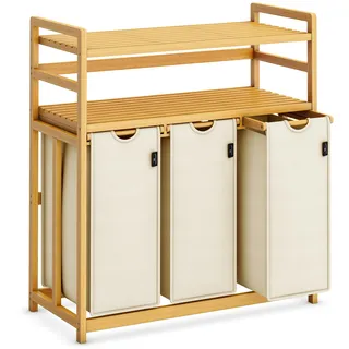 AdelDream Wäschekorb 150 l 3 Fächer 2 Regale ausziehbarer und abnehmbarer Wäschesack Wäschesammler Bambusrahmen Wäschebox laundry baskets Wäschesortierer Bambus Beige