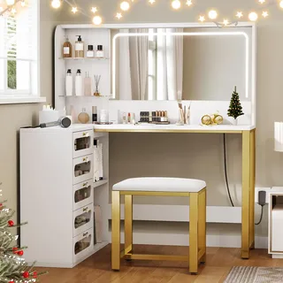 UnboxG Schminktisch mit LED Beleuchtung, großem Spiegel, Schubladen & Regalen, Frisiertisch mit gepolstertem Hocker, Kosmetiktisch für Schlafzimmer, weiß+Gold