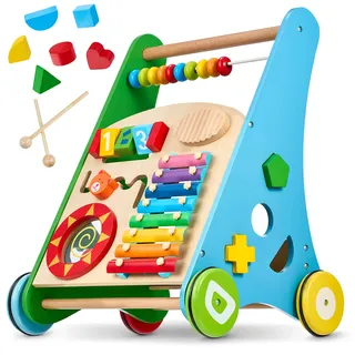 Balinco – Lauflernwagen Baby aus Holz 3-in-1 ab 6 Monaten – Lauflernhilfe mit Musikspielzeug, Lernfunktionen & Motoriktraining – Gehhilfe mit Xylofon & Steckformen – Babywalker Mädchen & Jungen