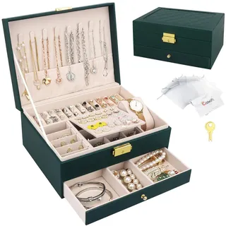Schmuckkasten, Schmuckkästchen mit 2 Ebenen mit Schubladen, PU-Leder Schmuckbox Schmuckschatulle Groß Schmuck Organizer für Ringe Ohrringe Armbänder Halsketten, Dunkelgrün