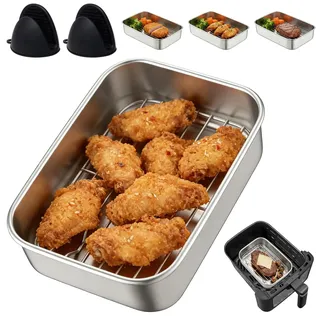 Edelstahl Auflaufform für Airfyer,Heißluftfritteusen Zubehör Passend für Ninja, Cosori, Philips uvm. BPA-frei,Auflaufform Airfryer mit Abtropfgitter, Dichtdeckel & Hitze-Schutzgriffen 20 * 15 * 5CM