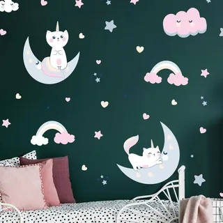 Wandsticker Kinder - Deko Babyzimmer - Wandtattoo Kinderzimmer - Wandaufkleber Einhorn Katzen in den Sternen - H60 x L90 cm