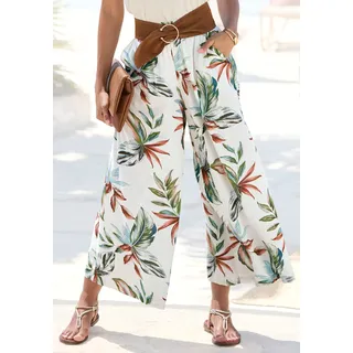 Culotte LASCANA "mit Leinen-Anteil und weitem Bein", Damen, Gr. 34, N-Gr, beige, blau bedruckt, Web, Obermaterial: 55% Viskose, 30% Baumwolle, 15% Leinen, bedruckt, figurumspielend 7/8-Länge, Hosen Culotte, Leinenhose, leichte Sommerhose in 7/8-Länge, Culotte, Alloverprint, Topseller