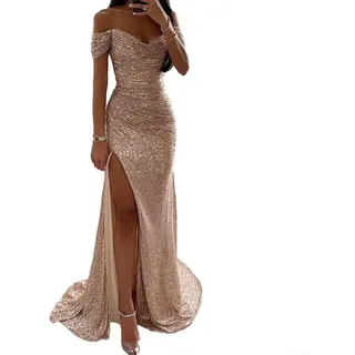 Charmantes Maxikleid für Damen, V-Ausschnitt, Schlitz, lang, perfekt für Abendpartys (S Gold)