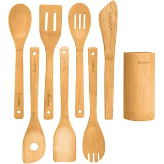 Küchenhelfer Set aus Holz 8-teilig - Küchenutensilien Pfannenwender Set Holz - Kochlöffel Kochgeschirr mit Spatel, Schaumlöffel, Zange, Wender, Küchenutensilienhalter - Bambus Kochutensilien - BlauKe®