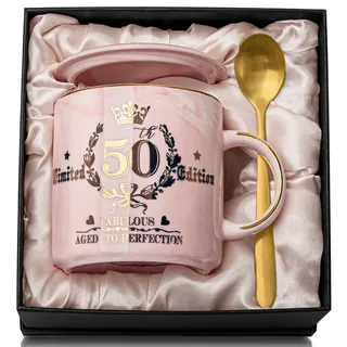 Geschenke zum 50 Geburtstag Frau, Fabelhafter 50. Limited Edition – 400ml Marmor Kaffeetasse mit Golddruck, Geschenk für ihre, Mutter, Ehefrau, Tante, Beste Freundin, Schwester, Schöne Geschenkbox