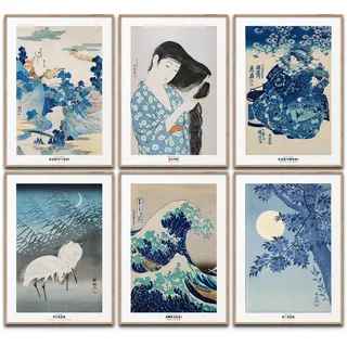Japan Kunst Poster Set Japanische Wanddeko Koson Bilder Schlafzimmer Hokusai Deko Wohnzimmer Dekoration Eklektische Gemälde (6x A4 | Ohne Rahmen)