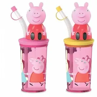 Trinkbecher mit Strohhalm und Geleebonbons im Peppa Pig Style, Becher aus Kunststoff bpafrei, Deckel gelb oder pink, für ca. 200 ml Flüssigkeit
