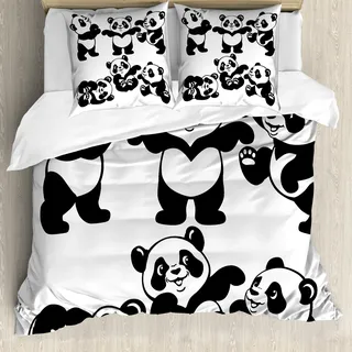 ABAKUHAUS Kindergarten Bettbezug, Spielerische Panda-Bär Zoo, Milbensicher Allergiker geeignet mit Kissenbezügen, 200 cm x 200 cm - 80 x 80 cm, Weiß und Dunkelgrau