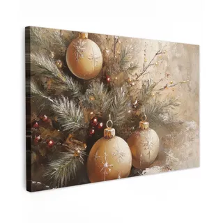 MuchoWow Leinwandbild Weihnachten - Kugeln - Beige - Gold Wanddeko 90x60 cm , Textil , Rechteckig , 90x60 cm , FSC 100% , gerahmt , Bilder & Rahmen, Bilder, Leinwandbilder