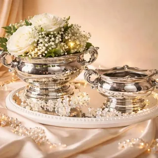 2er-Set Dekoschalen Keramikschale Dekovase Vase Hochzeitsdeko Übertöpfe Silber Blumenvase Pflanzgefäße Tisch-Deko Silber Blumenschale Vasen Silberschale Blumengefäß Nostalgie Dekoschale mit Fuß