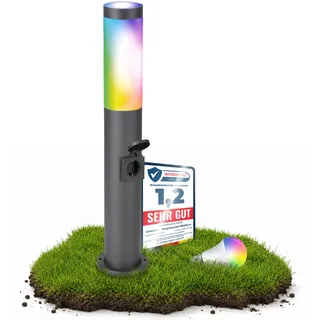 linovum BOSEA-S dunkelgraue Außenleuchte mit Steckdose & Smarthome WLAN E27 Birne RGB+W - Energiesäule 50cm Stromsäule mit Licht
