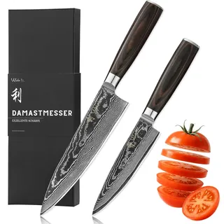 Wakoli EDIB Essentials Messerset 2-teilig, 67 Lagen Damaststahl, VG10 Kern | Chefmesser 20 cm und kleines Chefmesser 13 cm, Pakkaholzgriffe, beidseitiger 15° V-Schliff, Fingerschutz und Geschenkbox