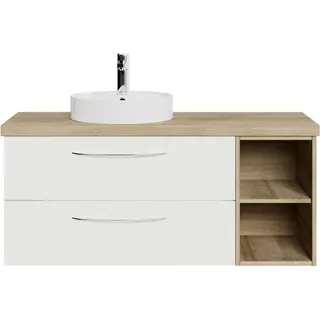 Saphir Waschtisch »Serie 4035 Keramik-Aufsatzbecken mit Unterschrank, 118 cm breit«, Waschplatz mit 2 Schubladen, Riviera Eiche quer Nachbildung, weiß