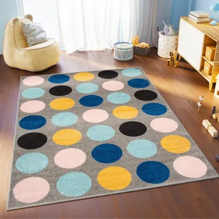 TAPISO Lazur Kinderteppich Kurzflor Grau Gelb Punkte Kreise 80 x 150 cm | Geometrisch Jugendzimmer Kinderzimmer Modern Design OEKO-TEX