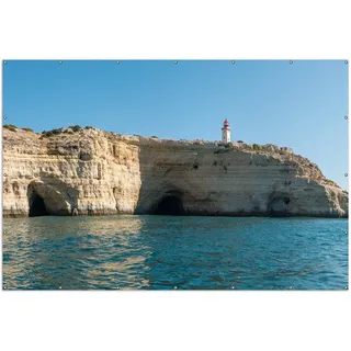 Wallario XXL Outdoor-Poster für Garten oder Balkon, Motiv Steilküste mit Höhlen, in ca. 300 x 200 cm - Blau