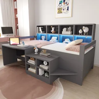 Flieks Kinderbett 90x200cm mit Schreibtisch und Steckdosen, Kinder Hochbett mit Schrank und Regal, Tagesbett Holzbett Einzelbett mit Led, Grau - Grau
