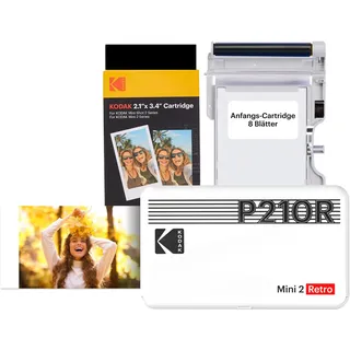 KODAK P210 Mini 2 Retro, Mobiler Farbig Fotodrucker, Kompatibel mit Smartphone (iOS & Android), Bluetooth, 54x86 mm, 4Pass-Technologie, Laminierung, 38 Blatts, Weiß