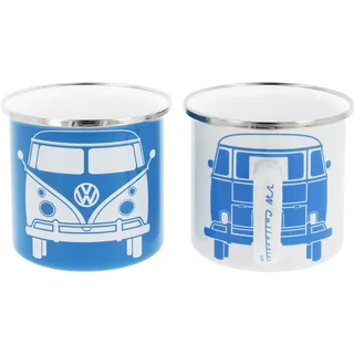 BRISA VW Collection - Volkswagen 2er Set Emaille Kaffee-Tee-Cappuccino-Tasse-Becher-Haferl Mug für Camping & Outdoor T1 Bus (350 ml x2/Blau & Weiß)