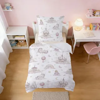 Snugoria Kinderbettwäsche 135x200 für Mädchen, Prinzessin Einhorn und Regenbögen Motiv Bettwäsche, 2-teiliges Mikrofaser Bettbezug und 1 Kissenbezug 80x80 für Kinder Geschenk