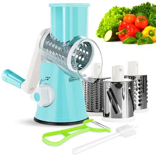 Wuciray Gemüseschneider Gemüsehobel Trommelreibe mit Kurbel 3 Trommelblättern Reibe für Gemüse Gemüsereibe Vegetable Chopper Mandoline Turbo Cut Käsereibe für Käse Ice Gurken Karotten Nüsse usw (blue)