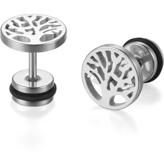 Cupimatch Damen Herren Ohrringe Edelstahl Holz Lebensbaum Creolen Ohrstecker Set für Frauen Männer, silber braun