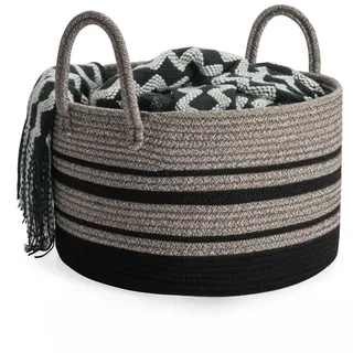 Rieeyrslza Wäschekorb für Decken 32L Geflochten Wäschesammler Baumwolle Seil Korb Faltbare Vielseitiger Aufbewahrungskorb mit Henkel Geeignet für Wohnzimmer und Schlafzimmer (Jute+Schwarz)