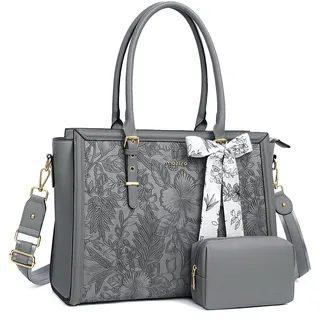 MOSISO Laptoptasche Damen, 15,6-16 Zoll PU Lehrertasche Handtasche Kompatibel mit MacBook HP Dell Asus, Vorderseite Prägung Retro Hibiskus Aktentasche mit Seidenschal&Clutchtasche, Grau