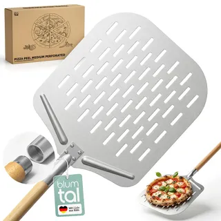 Blumtal Pizzaschieber perforiert 30,5x30,5 cm Fläche + Holzgriff 46,5 cm - Pizzaschaufel perforiert aus Anti-Haft Aluminium & Edelstahl - Pizza Schieber/Brotschieber - Pizza Zubehör Pizzaheber