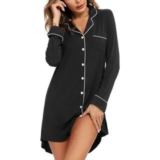 Leikar Nachthemden für Damen, Knopfleiste, Pyjama-Kleid, kurzärmelig, Nachtwäsche, S-XXL, langärmelig, schwarz, Größe L