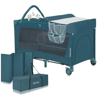 lionelo Flower Reisebett Baby mit Seiteneingang, Wickeltisch, Zwei Matratzenaufhängungshöhen, Spielzeugbogen mit Spielfiguren, Rollen, Tragetasche