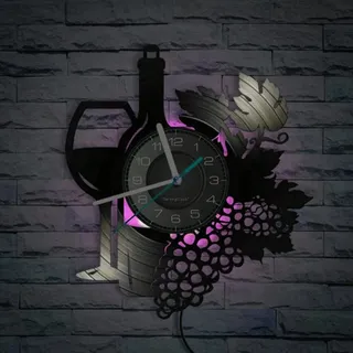 Smotly Vinyl-Wanduhr im Weindesign - Dekorative, Leise Uhr Mit 7-Farbigen LED-Nachtlichtern - Geschenk für Weinliebhaber (Mit Licht)