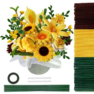 TOAOB 200 Stück Gelb Grün Braun Pfeifenputzer zum Basteln Blumen Set | mit Blumendraht und Blumenband, Pipe Cleaner Basteln Set für Flower Sonnenblume, 6 mm x 30 cm, für DIY Handwerks