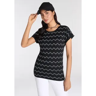 Kurzarmshirt KANGAROOS, Damen, Gr. 32/34, schwarz-weiß (schwarz, weiß), Single Jersey, Obermaterial: 50% Baumwolle, 50% Modal, Fischgratmuster, bedruckt, gemustert, gestreift, figurumspielend hüftbedeckend, Rundhals, angeschnitten,mit Aufschlag, Shirts Kurzarmshirt, mit Zick-Zack-Muster