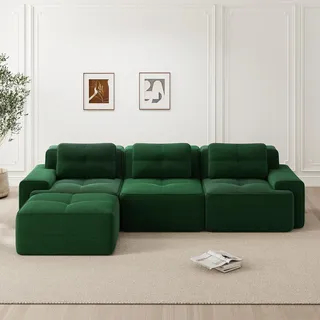 Cloud Modulsofa L-Form, 3-Sitzer, Cord, Ottoman, montagefrei, tiefe Sitzfläche (Green)