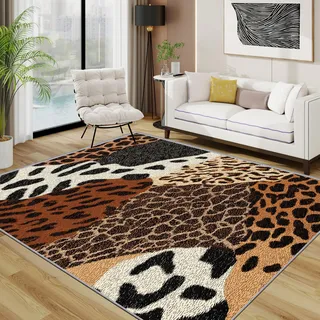 TerroVee Leopardenmuster Teppich 140x200 cm, Leopard Teppich Wohnzimmer, Tiermuster Kurzflor rutschfest Pflegeleicht Teppiche Für Jugendzimmer Schlafzimmer, Braun Schwarz Weiß
