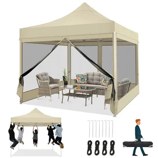 COBIZI Faltpavillon 3x3 Pavillon 3x3m Wasserdicht Stabil, Partyzelt Faltbar mit 4 Seitenwänden Moskitonetz Pop Up Gartenpavillon Anti-UV für Garten, Khaki